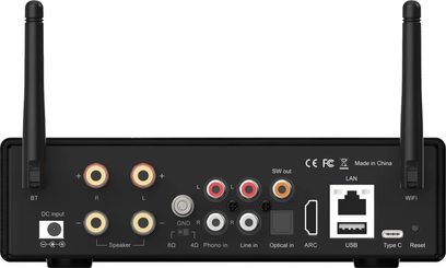 ArtSound Smart Evo, bagside, RCA-stik, WiFi-antenner, LAN-porte, USB, Type C, optisk indgang, SW-udgang, phono-indgang