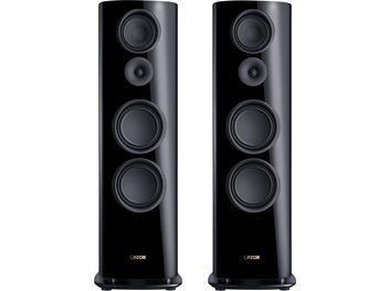 par de altavoces de columna Canton Reference 2 en negro lacado, frontal brillante con cuatro altavoces redondos
