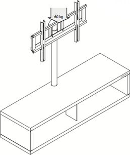Teknisk diagram over Norstone Design Saeby 2 TV-møbel med dimensioner, maksimal belastning på 60 kg og metalramme