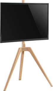 Norstone Pro Vision Wood TV-stativ i lyst træ, trefod med tre skrå ben, set fra trekvart forfra, holder et fladskærms-tv