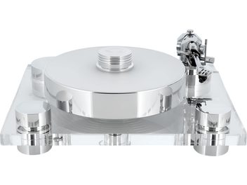 Transrotor Bellini RB880 silver hi-fi turntable in polished aluminum on a transparent acrylic chassis, front view from a slight angle, featuring a heavy platter, central bearing weight, and chrome cylindrical feet