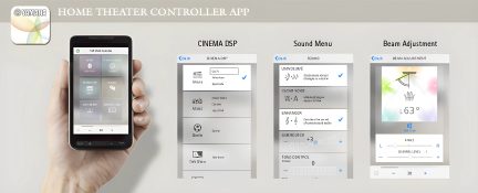 En smartphone som visar gränssnittet för en app för att styra smarta hemfunktioner för hemmabioanläggningen med olika menyer och inställningar