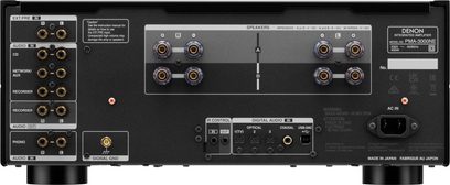 Zadní pohled na integrovaný stereo hi-fi zesilovač PMA-3000NE, více audio konektorů, svorky pro reproduktory, digitální vstupy