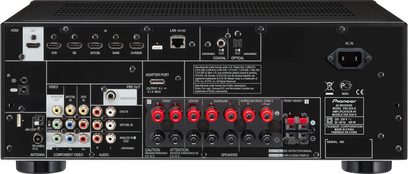 Pioneer VSX-828-K sort hjemmebiografsforstærker, bagside, audio/video-tilslutninger, røde RCA-stik, AM-antenne, Ethernet