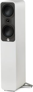 Q Acoustics 5040 white floorstanding speaker with a matte lacquered finish, metal stand, black front panel housing two circular drivers and a central tweeter, Q logo at the bottom, three-quarter front view