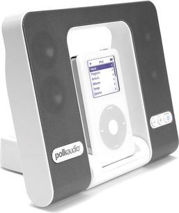 Valge ja hall Polk Audio i-Sonic ES2 iPodi dokkimisjaam LCD-ekraaniga, nurga alt vaade eest