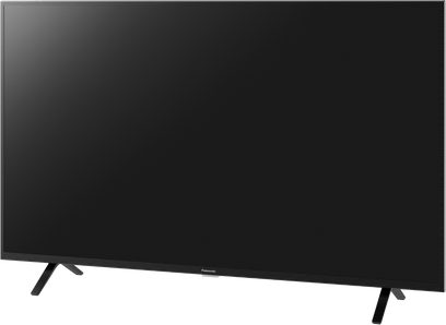 Panasonic TX-75LX700E 75 tommer fladskærms-TV, sort skærm slukket, set forfra, stående på to sorte fødder