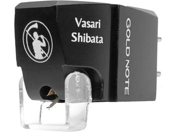 Schwarze Tonabnehmerzelle für Hi-Fi-Plattenspieler mit weißem kreisförmigem Logo, Text Vasari Shibata, transparentem Halter und sichtbarer Nadel
