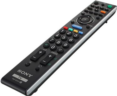 Černý dálkový ovladač Sony TV s číselnými tlačítky, barevnými tlačítky a směrovým ovladačem, pohled zepředu