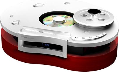 Lecteur CD Consonance Droplet CDP5.0 cherry, vue de dessus, plateau ouvert avec CD, façade argentée, base rouge