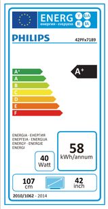 Europæisk energimærke for en Philips 42PFx7189-tv, klasse A+, 58 kWh/år, 107 cm diagonal, 42 tommer