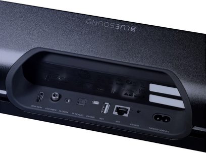 Soundbar BlueSound PULSE SOUNDBAR černý, detailní pohled zepředu na zadní konektory, porty a ovládací tlačítka