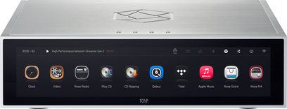 Reproductor de audio en red RS151 plateado con carcasa rectangular de metal cepillado, pantalla táctil negra que muestra iconos de aplicaciones