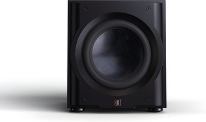 Касон на Perlisten R10s, преден изглед, черен матов корпус, централна кръгла колонка с текстурирана мембрана, видими крака