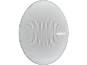 Monitor Audio V240 Außenlautsprecher in weiß, rund, mit perforiertem Metallgitter, grauem Logo und hellgrauem Rand