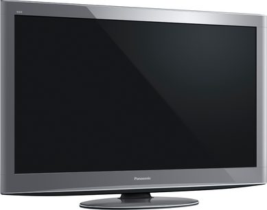 Panasonic TX-P50V20E Flachbildfernseher in Schwarz, Frontansicht, ausgeschaltet, auf grauem Metallständer