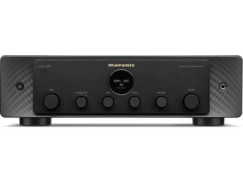 Front view of Marantz Model 40n black stereo hi-fi amplifier, brushed aluminum faceplate, OLED display, control buttons and knobs