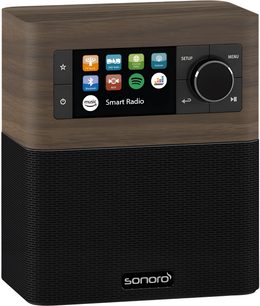 Радіо Sonoro Stream noyer - чорне, вид спереду, сенсорний екран з написом "Smart Radio", кнопки, чорна решітка динаміка
