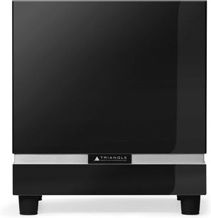 Triangles lakerede sorte Thetis 380 subwoofer, set forfra, med sølvfarvet logo i midten