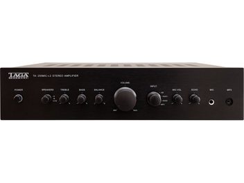 Hi-fi stereo forstærker Taga Harmony TA-250MIC v2, set forfra, justeringsknapper til volumen, diskant, bas, balance, indgange, mikrofonvolumen, ekko, mikrofon- og MP3-stik