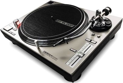 Toca-discos hi-fi Reloop RP 7000 MK2 prata, acabamento prateado, vista superior, prato preto, braço de leitura, controles