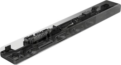 Sony HT-A3000 soundbar set i perspektiv, gennemsigtigt kabinet, synlige interne komponenter, flere højttalere