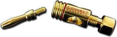To forgyldte Connect Research-jackstik, den ene lige og den anden bøjet 90 grader, set fra siden