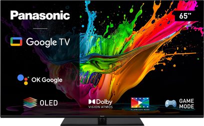 Téléviseur Panasonic TX-65MZ800E 65 pouces, écran plat, bords fins, affichage multicolore dynamique, vue de face