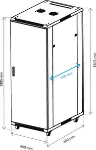 Norstone Pro Rack 27U serverikapp esipaneeliga, ratastega, kahe ümmarguse avaga ülaosas, märgitud mõõtmetega.