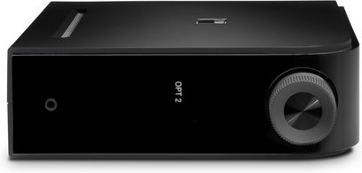 NAD D1050 grafiithall audiovõimendi DAC, esivaatest, mattkülgmise mustja ristkülikukujulise korpusega, paremal pool pööratav nupp ja USB-port