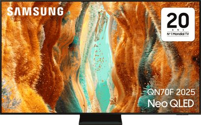 Samsung Neo QLED QN70F 2025 fladskærms-tv 75 tommer set forfra abstrakt orange turkis display