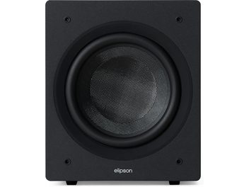 Zwarte Elipson Classic Sub 10-subwoofer, vooraanzicht, met grote ronde luidspreker met getextureerde conus