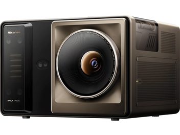 Μαύρος βιντεοπροβολέας Hisense XR10, μπροστινή τρισδιάστατη όψη με μεγάλο κεντρικό φακό και πλευρικές γρίλιες