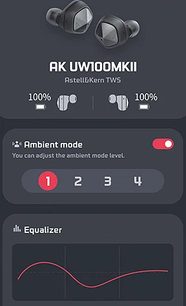 Bezdrátová sluchátka Astell&Kern AK UW100 MKII černá, pohled zepředu a z profilu, intra-aurikulární náušníky, ekvalizér a režimy prostředí