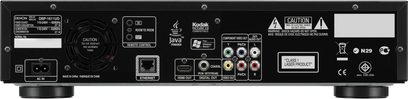 Denon DBP-1611 4K Blu-ray-afspiller set forfra, bagpanel med lyd/video-stik og HDMI-, Ethernet- og USB-porte
