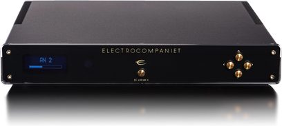 Electrocompaniet EC4.8 MKII stereoforforstærker, mat sort kabinet, guldfarvet frontpanel, set forfra