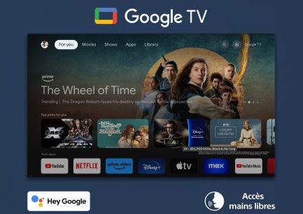 Google TV-interface med appikoner for YouTube, Netflix, Prime Video, Disney+, Apple TV, Max, YouTube Music