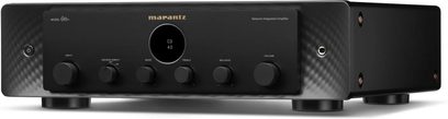 Ampli hi-fi stereo Marantz Model 60n, pohled zepředu, černý kryt, 6 kulatých tlačítek, centrální displej, kruhové nožičky