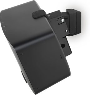 Supporto da parete per Sonos Five e Play:5 nero, staffa metallica angolare nera, altoparlante nero montato, vista laterale inclinata