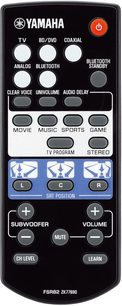 Yamaha FSR82 ZK77690 schwarze Fernbedienung mit Tasten für TV, BD/DVD, Koaxial, Bluetooth, Standby, Clear Voice, Univolume, Audio Delay, Movie, Music, Sports, Game, TV-Programm, Stereo, Subwoofer, Lautstärke, Stumm, CH-Pegel, Lernfunktion