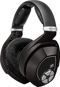 Sennheiser HDR185 sort hovedtelefoner, venstre profilvisning, ovale læderørepuder, polstret hovedbøjle, metalrillenet