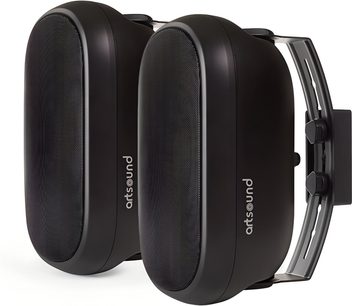 Black ArtSound ASW550 outdoor speakers, oval wall-mounted pair with fine grilles and side mounting bracket