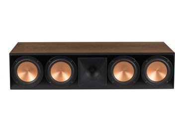 Klipsch RC-64 III centerhøjttaler i valnød, mørkt træ trapezformet kabinet, 4 kobberindrammede højttalere, sort gitter