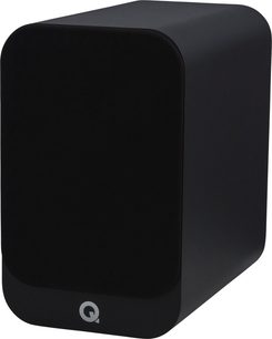 Knihovní reproduktor Q Acoustics 3030i černý, pohled zepředu, zaoblený obdélníkový tvar, černá matná skříň