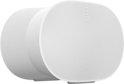 Dvě bílé chytré reproduktory Sonos Era 300 zobrazené zepředu a z profilu, válcový tvar s perforovaným krytem