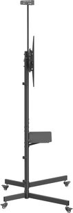 Подставка за TV Norstone Pro Vision One в черен метал, страничен изглед, вертикална регулируема мачта с наклоняем VESA крепление, междинна плочка и кръстообразна база с четири роли