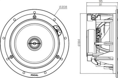 Focal 100 ICW6 indbygningshøjttaler til loft, set forfra og i sidevisning med dimensioner i millimeter