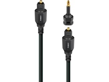 Digitaalne optiline kaabel Audioquest Forest 1,5 m musta värvi PVC-kaablikattega, millel on kaks rohelist triipu, sisemine optiline kiud, esivaade näitab kahe matimusta plastist Toslink-ühenduse, millel on kuldse metallise lõpuga, ja sobiva mini-Toslink-adapteriga.