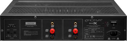 Amplificator de putere Emotiva BASX A-300 negru, față frontală cu butoane de control, intrări și ieșiri, vedere frontală
