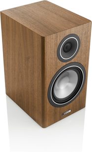 Canton Townus 30 Regallautsprecher Nussbaum, Nussbaum-Holzgehäuse, schwarze Hochtonkalotte und silberfarbener Aluminium-Tieftöner auf der Frontseite